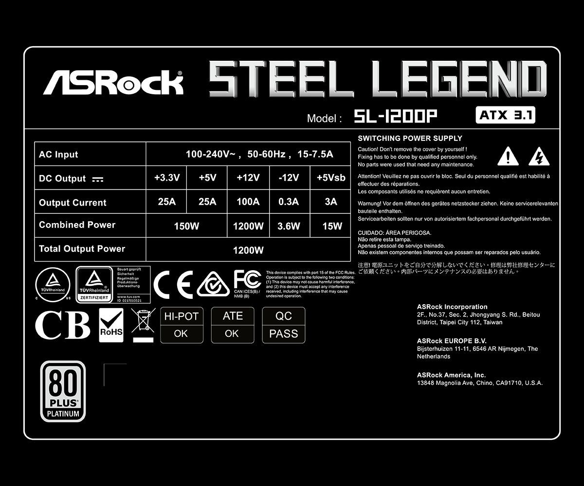 ASRock 1200W 80+ Platinum Steel Legend SL-1200P ASRock 1200W 80+ Platinum Steel Legend SL-1200P