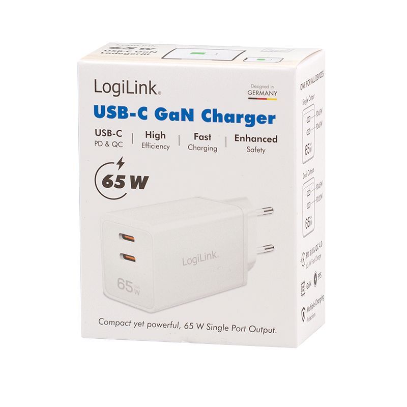 Logilink USB-C charger 2xUSB-C (PD 3.0/QC 4.0) 65W White Logilink USB-C charger 2xUSB-C (PD 3.0/QC 4.0) 65W White
