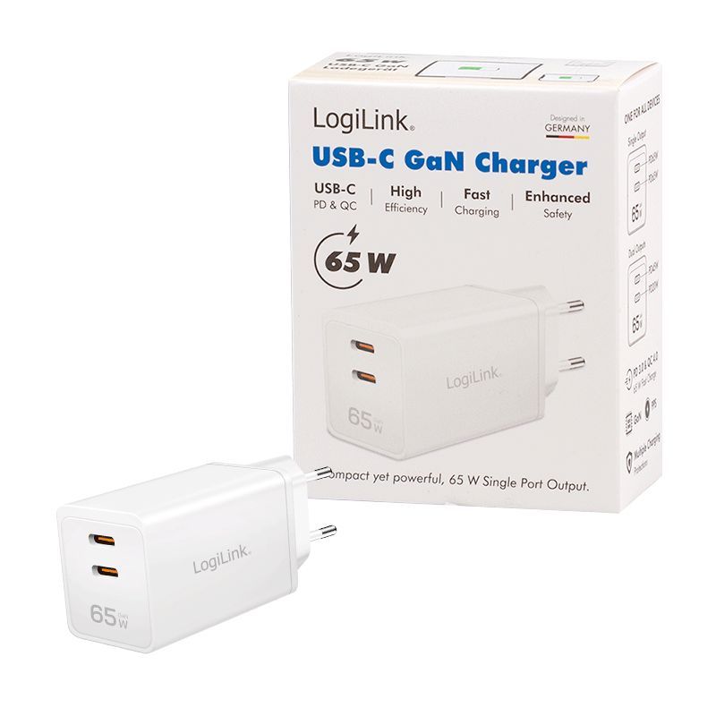 Logilink USB-C charger 2xUSB-C (PD 3.0/QC 4.0) 65W White Logilink USB-C charger 2xUSB-C (PD 3.0/QC 4.0) 65W White