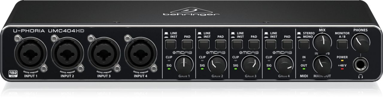 Behringer UMC404HD Audiophile 4x4, 24-Bit/192 kHz USB Audio/MIDI Interface with Midas Mic Preamplifiers Behringer UMC404HD Audiophile 4x4, 24-Bit/192 kHz USB Audio/MIDI Interface with Midas Mic Preamplifiers