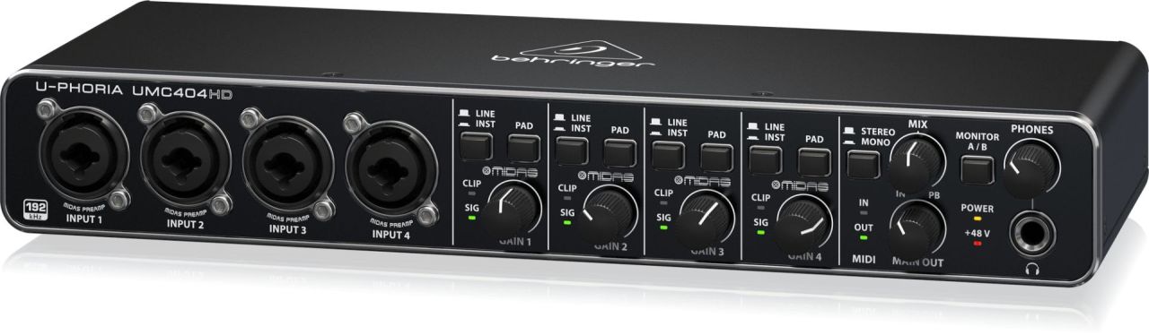 Behringer UMC404HD Audiophile 4x4, 24-Bit/192 kHz USB Audio/MIDI Interface with Midas Mic Preamplifiers Behringer UMC404HD Audiophile 4x4, 24-Bit/192 kHz USB Audio/MIDI Interface with Midas Mic Preamplifiers