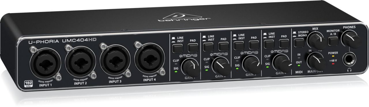 Behringer UMC404HD Audiophile 4x4, 24-Bit/192 kHz USB Audio/MIDI Interface with Midas Mic Preamplifiers Behringer UMC404HD Audiophile 4x4, 24-Bit/192 kHz USB Audio/MIDI Interface with Midas Mic Preamplifiers