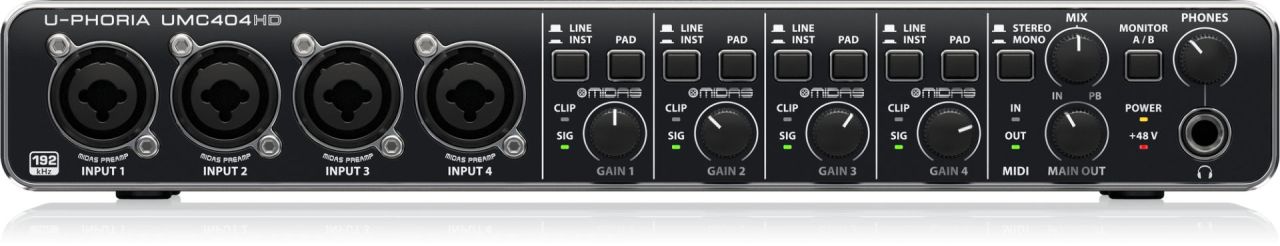 Behringer UMC404HD Audiophile 4x4, 24-Bit/192 kHz USB Audio/MIDI Interface with Midas Mic Preamplifiers Behringer UMC404HD Audiophile 4x4, 24-Bit/192 kHz USB Audio/MIDI Interface with Midas Mic Preamplifiers