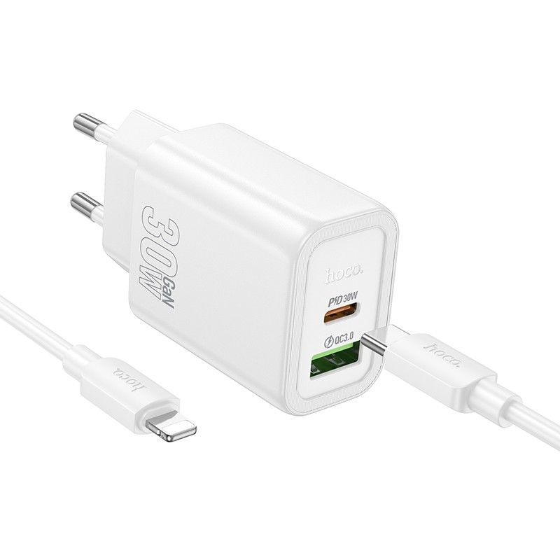 Hoco N63 Gentle USB-A + USB-C PD30W+QC3.0 charger with USB-C to Lightning cable White Hoco N63 Gentle USB-A + USB-C PD30W+QC3.0 charger with USB-C to Lightning cable White