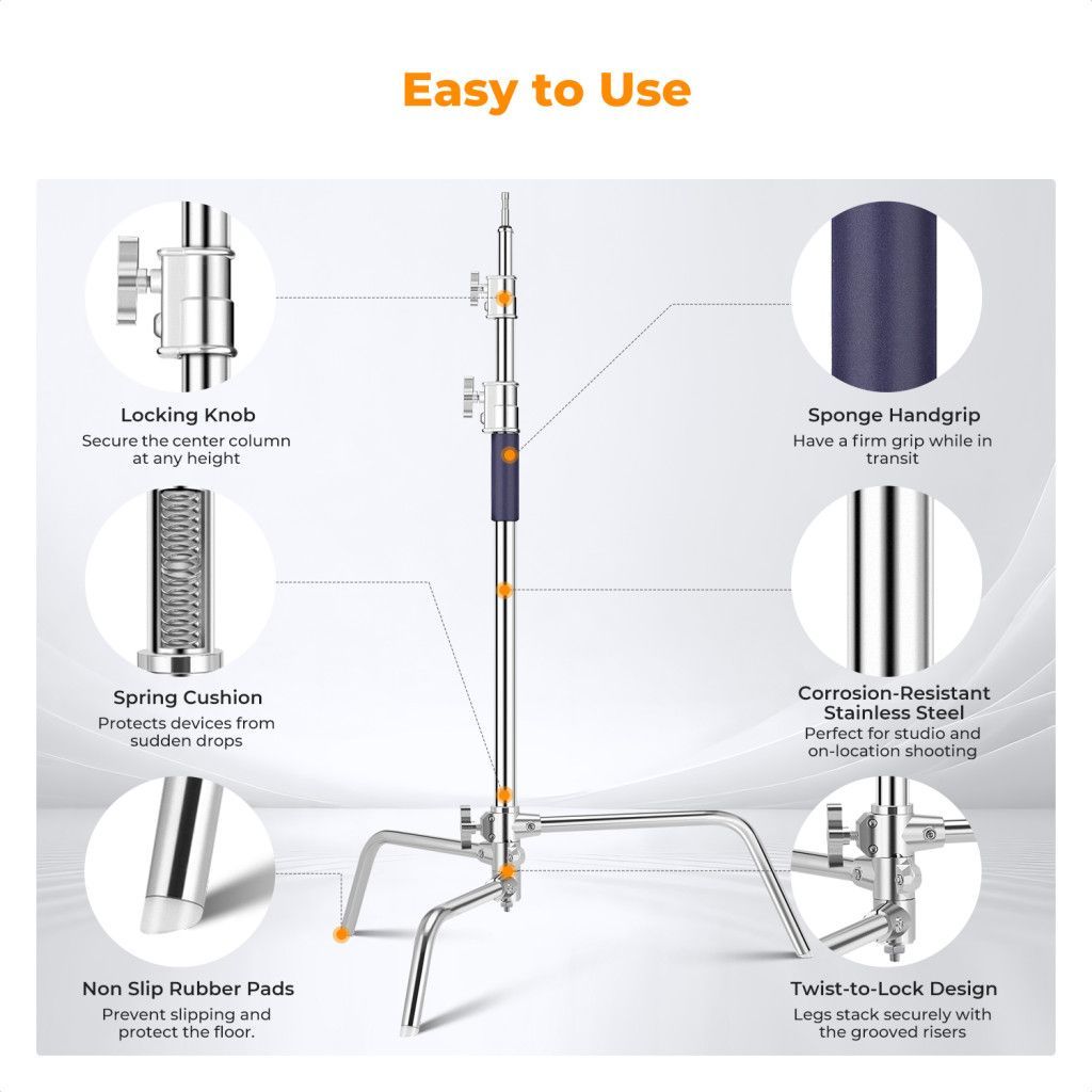 K&F Concept C-Stand állvány, 149cm-330cm, 20kg teherbírás, rozsdamentes acél