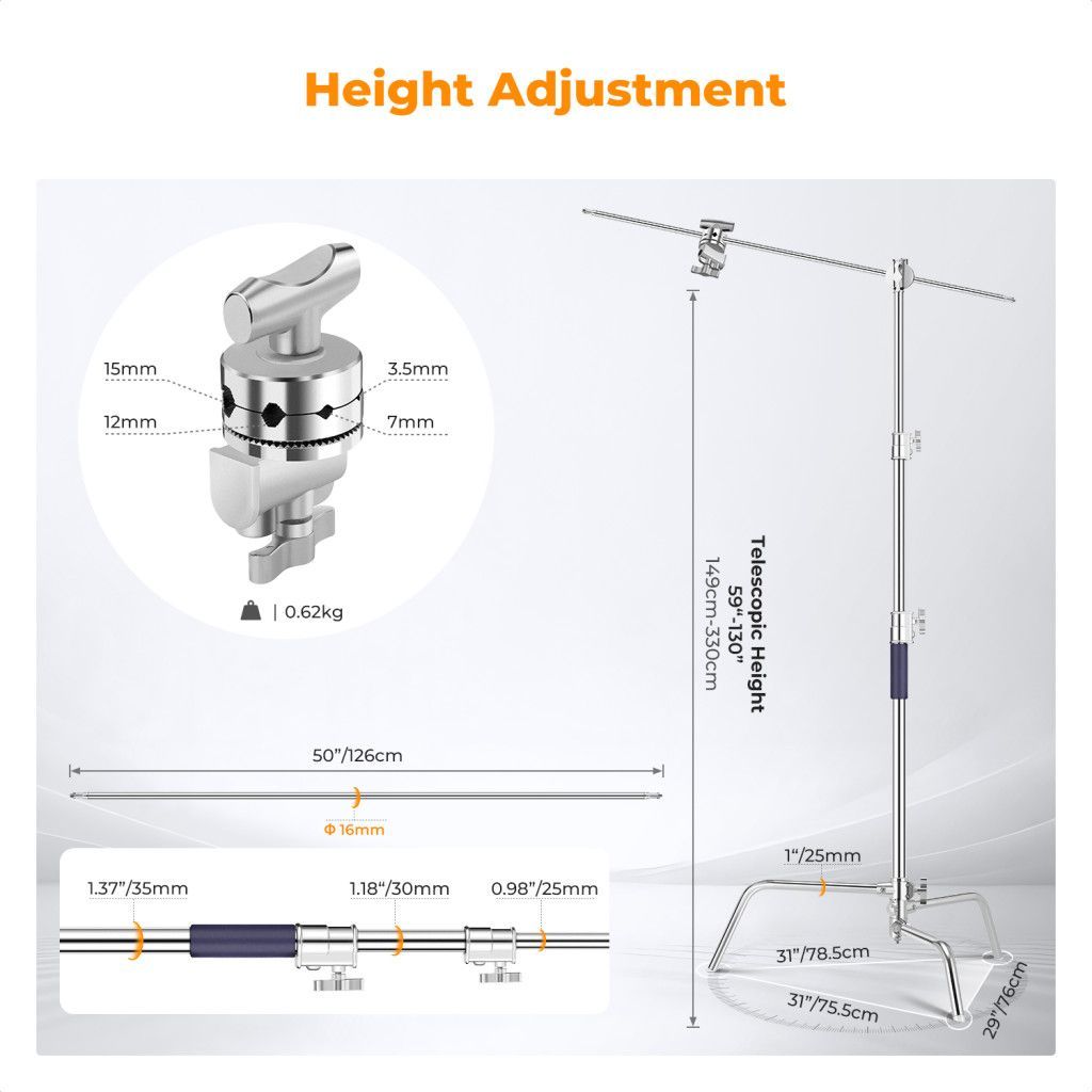 K&F Concept C-Stand állvány, 149cm-330cm, 20kg teherbírás, rozsdamentes acél