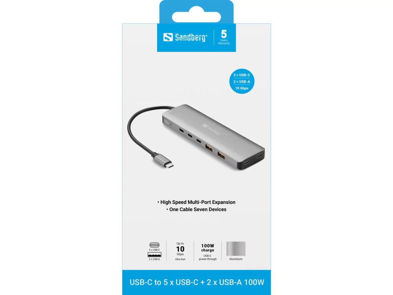 Sandberg USB-C to 5xUSB-C+2xUSB-A 100W Grey Sandberg USB-C to 5xUSB-C+2xUSB-A 100W Grey