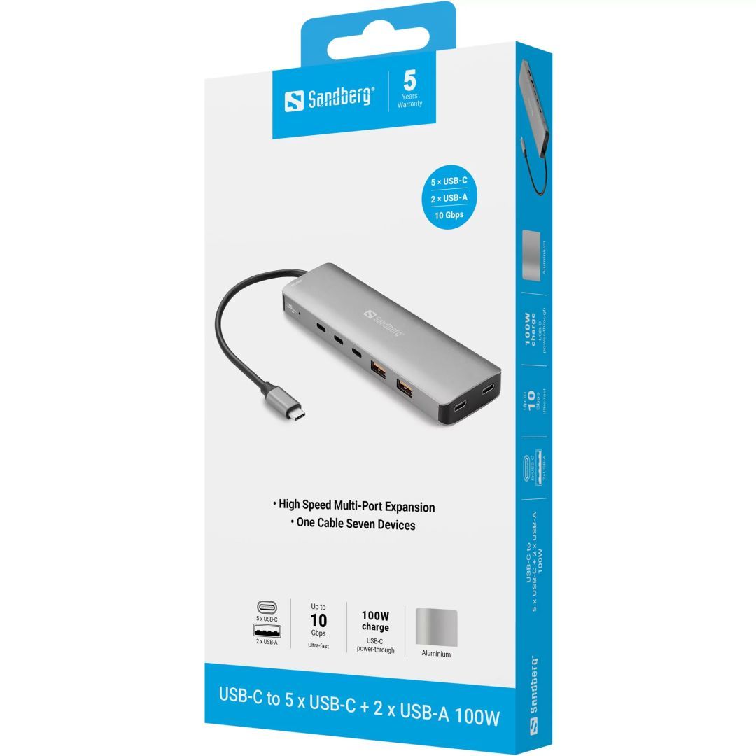 Sandberg USB-C to 5xUSB-C+2xUSB-A 100W Grey Sandberg USB-C to 5xUSB-C+2xUSB-A 100W Grey