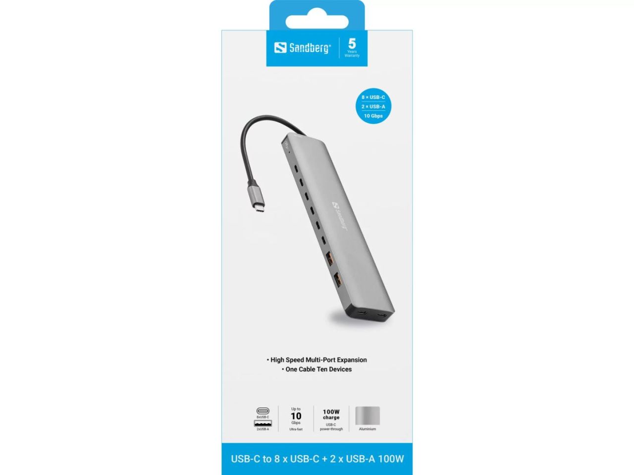 Sandberg USB-C to 8xUSB-C+2xUSB-A 100W Grey Sandberg USB-C to 8xUSB-C+2xUSB-A 100W Grey