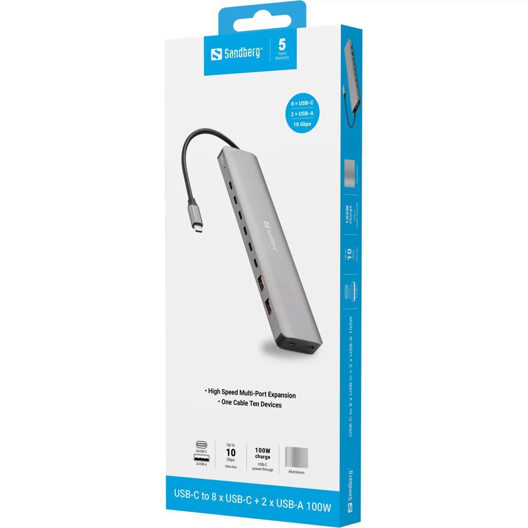Sandberg USB-C to 8xUSB-C+2xUSB-A 100W Grey Sandberg USB-C to 8xUSB-C+2xUSB-A 100W Grey