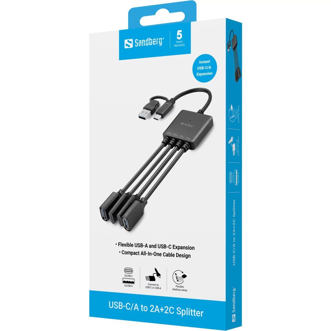 Sandberg USB-C/A to 2A+2C Splitter Black Sandberg USB-C/A to 2A+2C Splitter Black