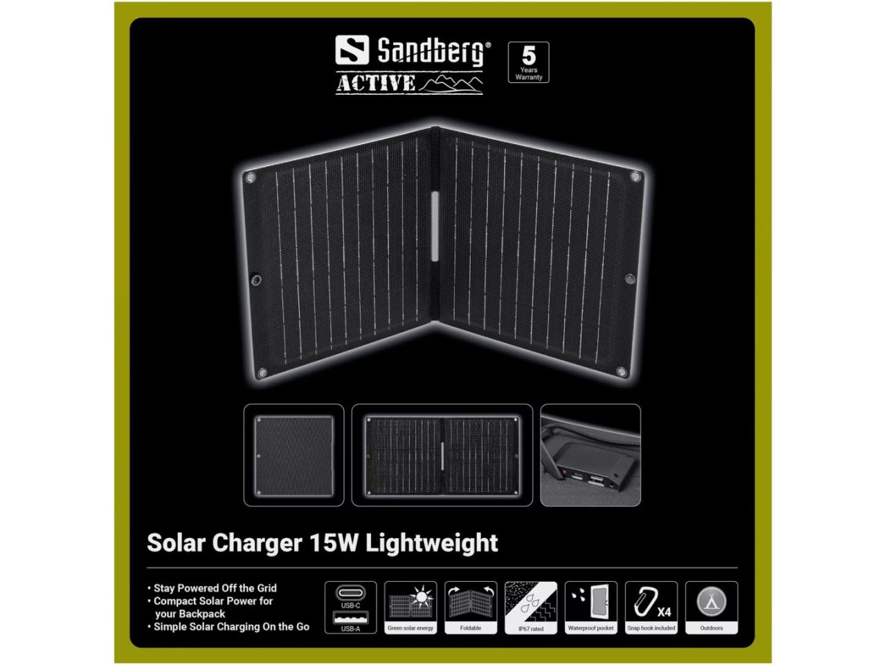 Sandberg Solar Charger 15W Lightweight Black Sandberg Solar Charger 15W Lightweight Black