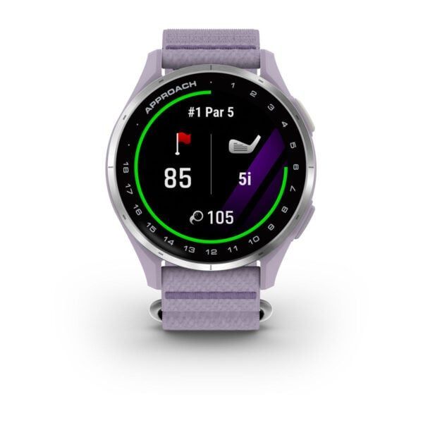 Garmin Approach J1 Silver Aluminum Bezel with Lilac ComfortFit Fabric Band