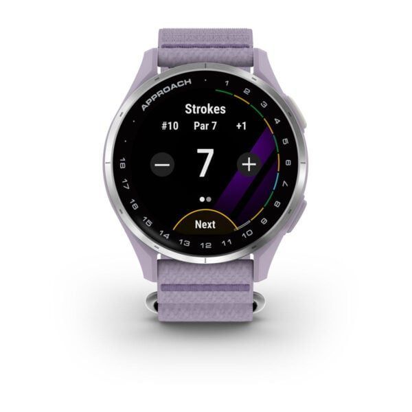 Garmin Approach J1 Silver Aluminum Bezel with Lilac ComfortFit Fabric Band