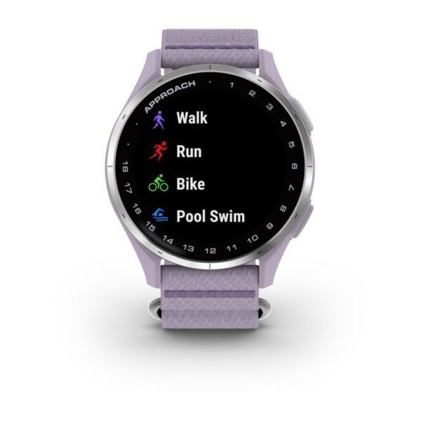 Garmin Approach J1 Silver Aluminum Bezel with Lilac ComfortFit Fabric Band