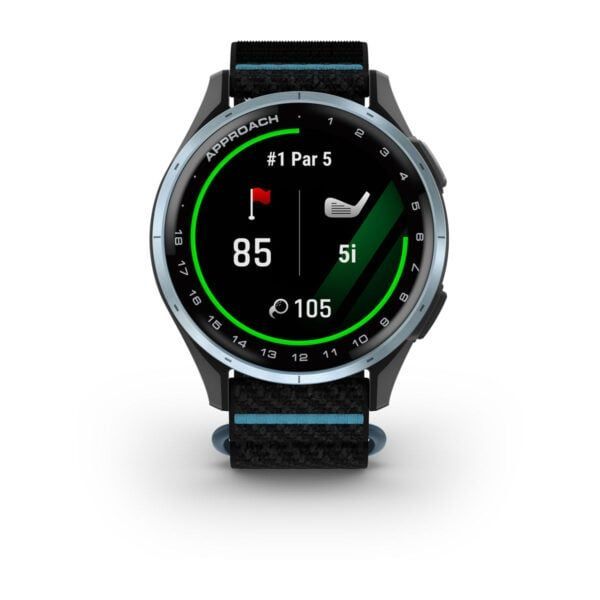 Garmin Approach J1 Cloud Blue Aluminum Bezel with Black/Azure ComfortFit Fabric Band