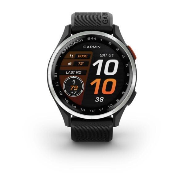 Garmin Approach S44 Silver Aluminum Bezel with Black Silicone Band