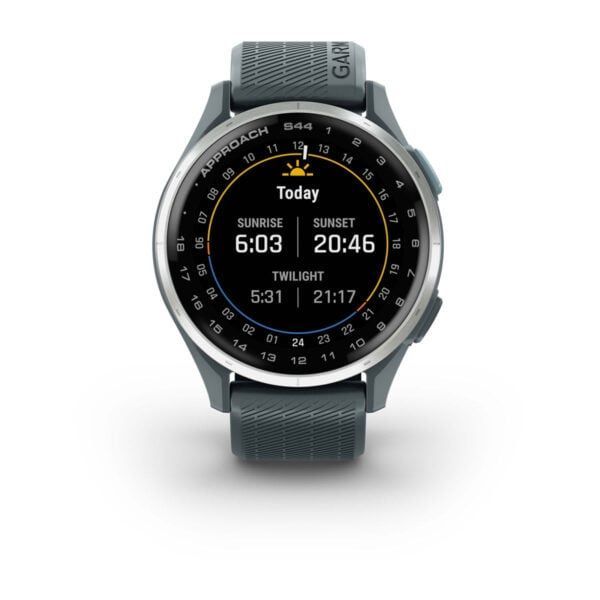 Garmin Approach S44 Silver Aluminum Bezel with Twilight Silicone Band