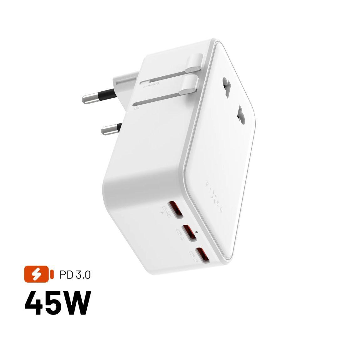 FIXED Ultravékony utazóadapter 45W EU, UK, USA/AUS 3xUSB-C PD 45W, fehér FIXED Ultravékony utazóadapter 45W EU, UK, USA/AUS 3xUSB-C PD 45W, fehér
