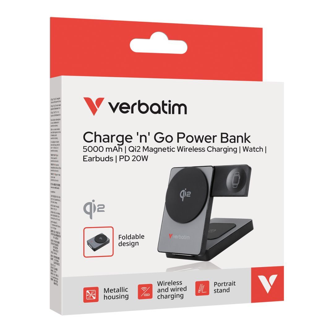 Verbatim Charge "n" Go Qi2 5000mAh Wireless PowerBank Grey Verbatim Charge "n" Go Qi2 5000mAh Wireless PowerBank Grey