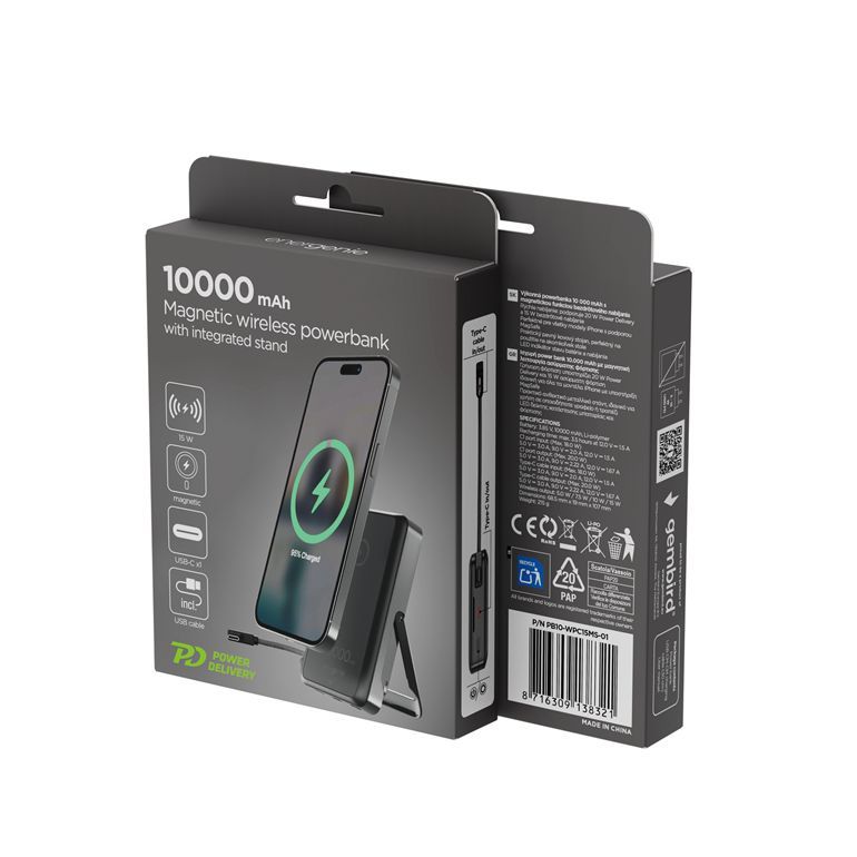 Gembird PB10-WPC15MS-01 10000mAh Wireless PowerBank Black