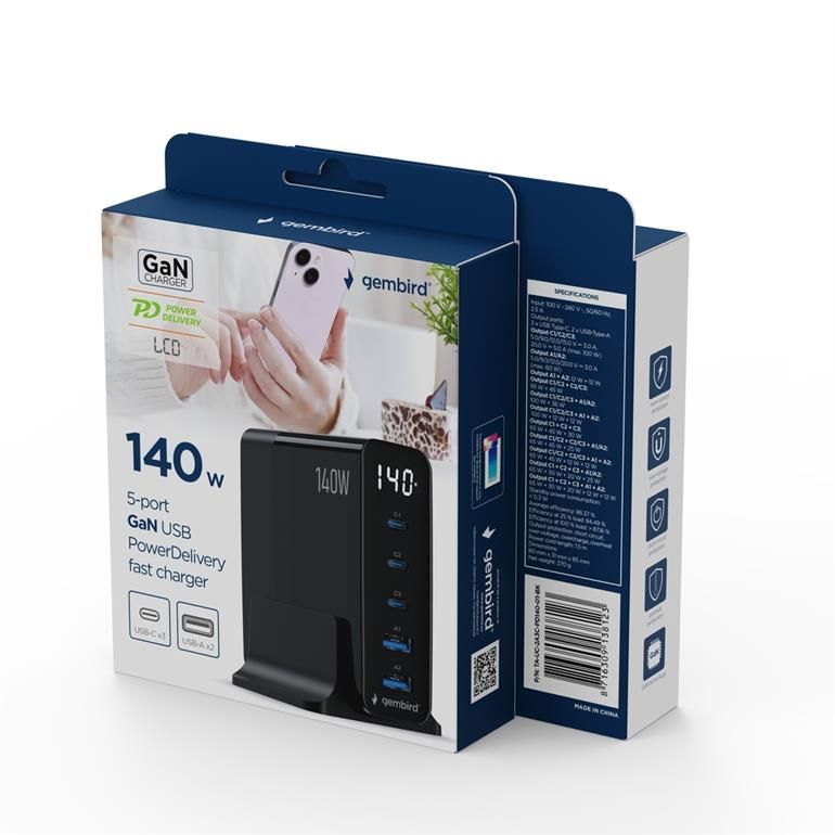 Gembird 5-port 140W GaN USB fast charger Black Gembird 5-port 140W GaN USB fast charger Black