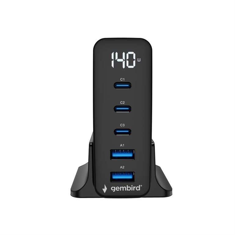 Gembird 5-port 140W GaN USB fast charger Black Gembird 5-port 140W GaN USB fast charger Black