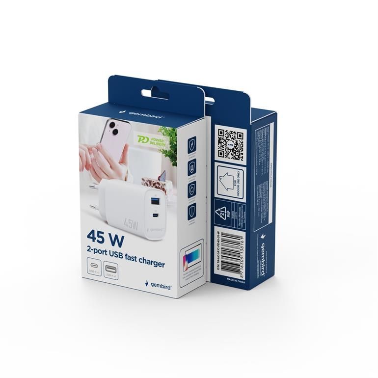 Gembird 2-Port 45W USB Fast Charger White Gembird 2-Port 45W USB Fast Charger White