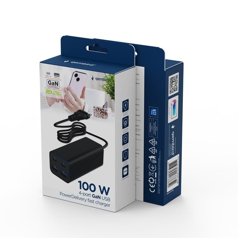 Gembird 4-port 100W GaN USB PowerDelivery fast charger Black Gembird 4-port 100W GaN USB PowerDelivery fast charger Black