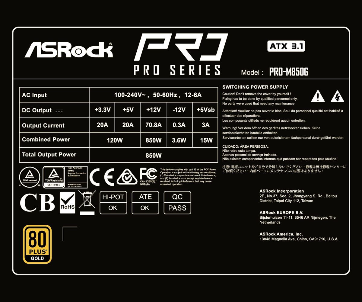 ASRock 850W 80+ Gold Pro Series PRO-M850G ASRock 850W 80+ Gold Pro Series PRO-M850G