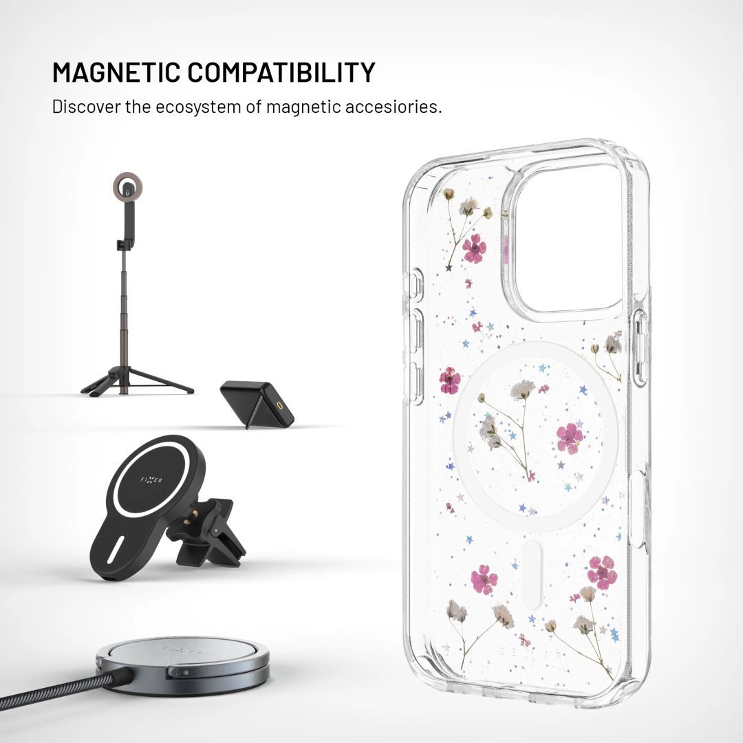 FIXED MagBloom tok Apple iPhone 16 készülékhez, rózsaszín virágmintás FIXED MagBloom tok Apple iPhone 16 készülékhez, rózsaszín virágmintás