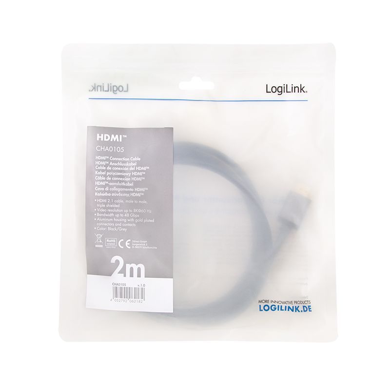 Logilink HDMI A/M to A/M 8K/60 Hz aluminium cable 2m Black Logilink HDMI A/M to A/M 8K/60 Hz aluminium cable 2m Black