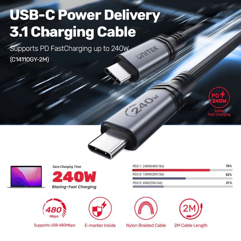 Unitek USB-C 240W Power Delivery 3.1 Charging Cable 2m Black Unitek USB-C 240W Power Delivery 3.1 Charging Cable 2m Black
