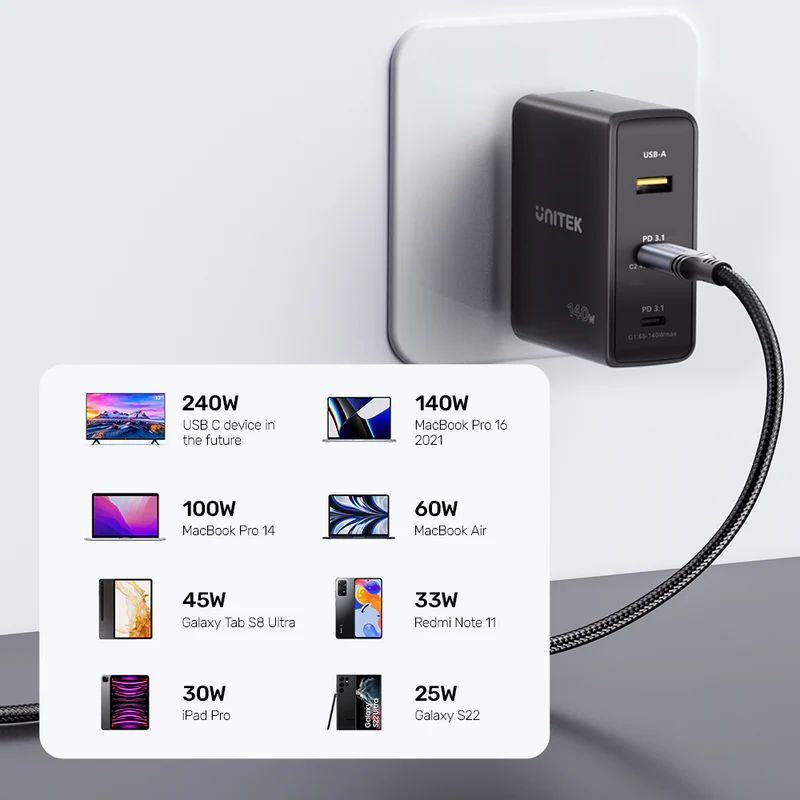Unitek USB-C 240W Power Delivery 3.1 Charging Cable 2m Black Unitek USB-C 240W Power Delivery 3.1 Charging Cable 2m Black