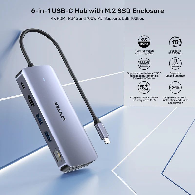 Unitek 6-in-1 USB-C Hub with M.2 SSD Enclosure Space Grey Unitek 6-in-1 USB-C Hub with M.2 SSD Enclosure Space Grey
