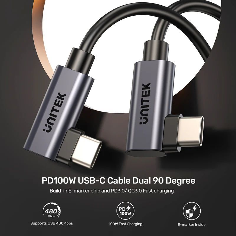 Unitek PD 100W USB-C Cable Dual 90 Degree 1m Black Unitek PD 100W USB-C Cable Dual 90 Degree 1m Black