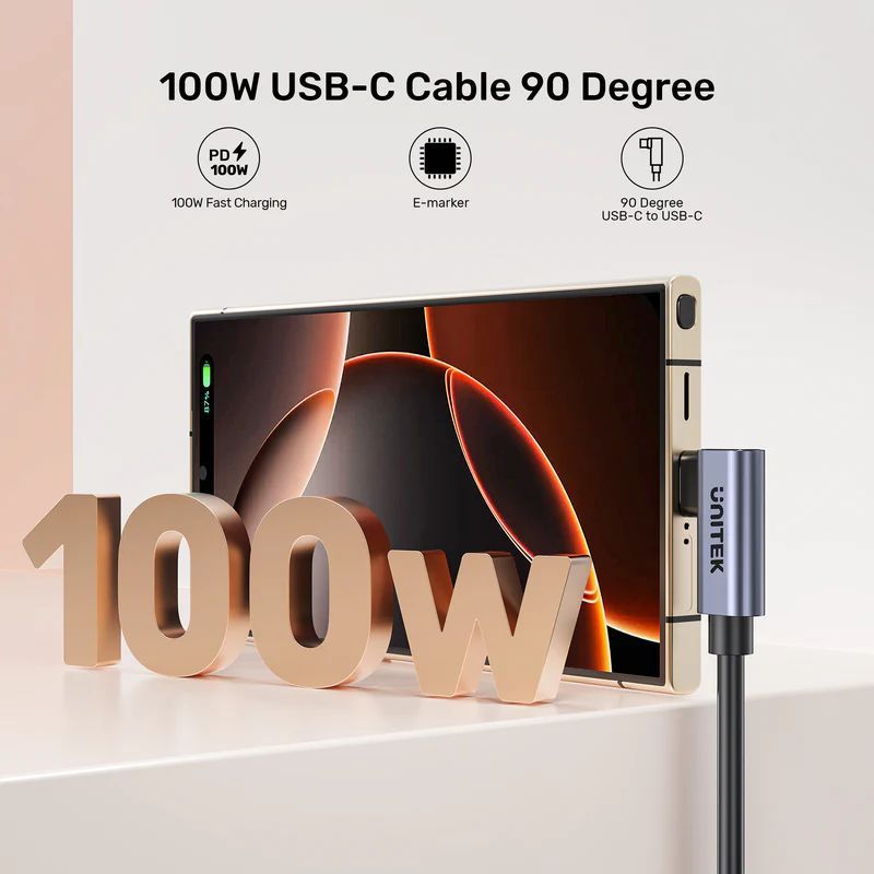 Unitek PD 100W USB-C Cable Dual 90 Degree 1m Black Unitek PD 100W USB-C Cable Dual 90 Degree 1m Black