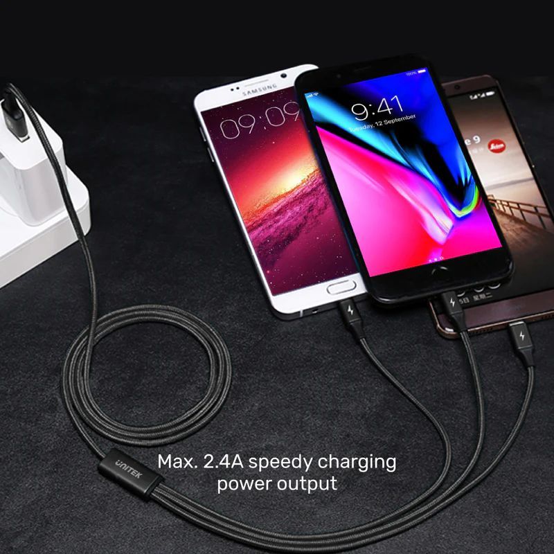 Unitek 3-in-1 USB-A to USB-C / Micro USB / Lightning Multi Charging Cable 1,2m Black Unitek 3-in-1 USB-A to USB-C / Micro USB / Lightning Multi Charging Cable 1,2m Black