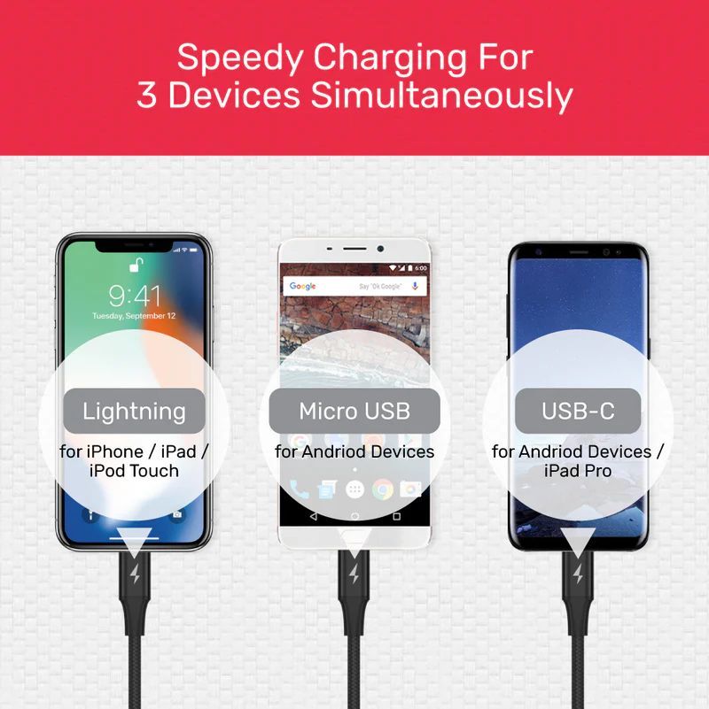 Unitek 3-in-1 USB-A to USB-C / Micro USB / Lightning Multi Charging Cable 1,2m Black Unitek 3-in-1 USB-A to USB-C / Micro USB / Lightning Multi Charging Cable 1,2m Black