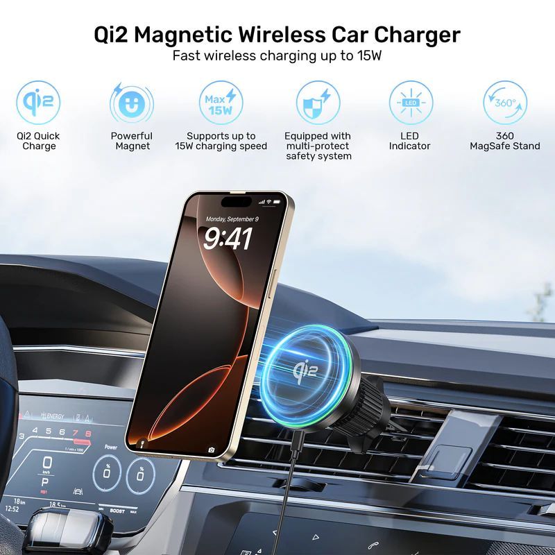 Unitek Qi2 Magnetic Wireless Car Charger Black Unitek Qi2 Magnetic Wireless Car Charger Black