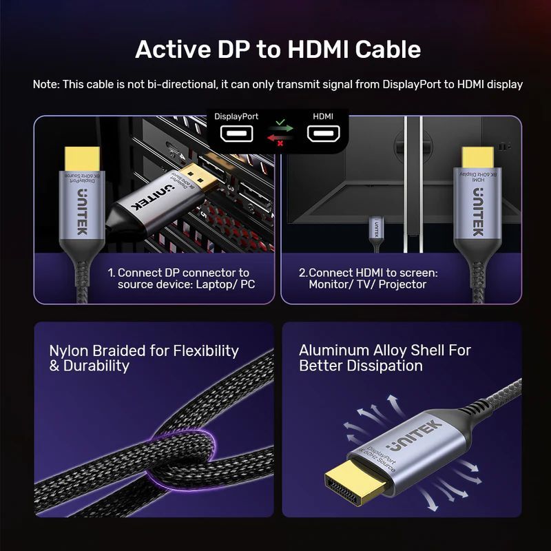 Unitek DisplayPort 1.4 to HDMI 8K Cable 1,8m Black Unitek DisplayPort 1.4 to HDMI 8K Cable 1,8m Black