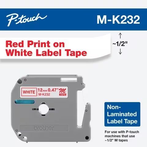 Brother M-K232 Laminált P-touch szalag (12mm) Red on White - 8m Brother M-K232 Laminált P-touch szalag (12mm) Red on White - 8m