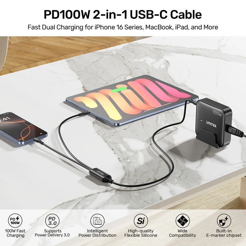 Unitek PD100W 2-in-1 USB-C Cable 1,8m Black Unitek PD100W 2-in-1 USB-C Cable 1,8m Black