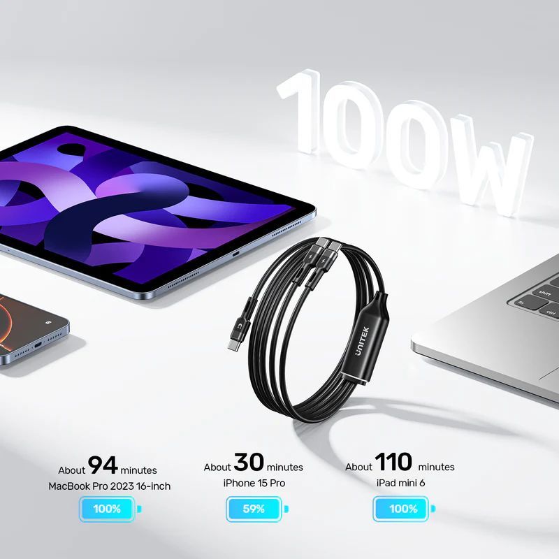 Unitek PD100W 2-in-1 USB-C Cable 1,8m Black Unitek PD100W 2-in-1 USB-C Cable 1,8m Black