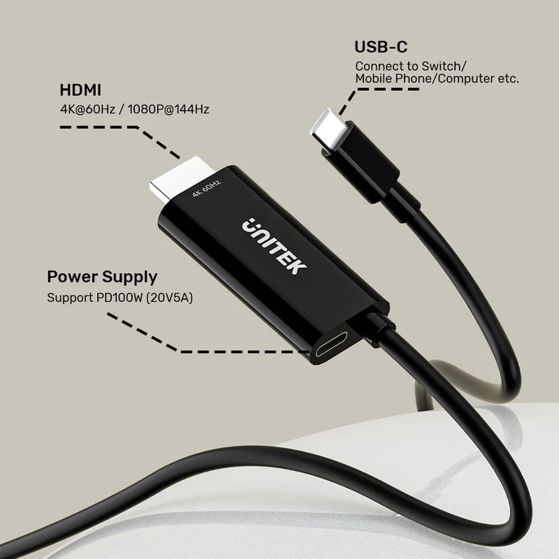 Unitek USB-C to HDMI 4K 60Hz Cable with PD 100W 2m Black Unitek USB-C to HDMI 4K 60Hz Cable with PD 100W 2m Black