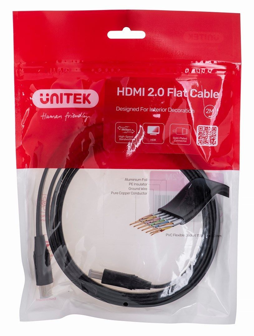 Unitek HDMI 2.0 Flat Cable 2m Black Unitek HDMI 2.0 Flat Cable 2m Black