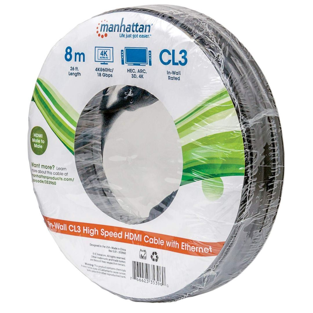Manhattan CL3 In-Wall 4K@60Hz High Speed HDMI Cable with Ethernet 8m Black Manhattan CL3 In-Wall 4K@60Hz High Speed HDMI Cable with Ethernet 8m Black