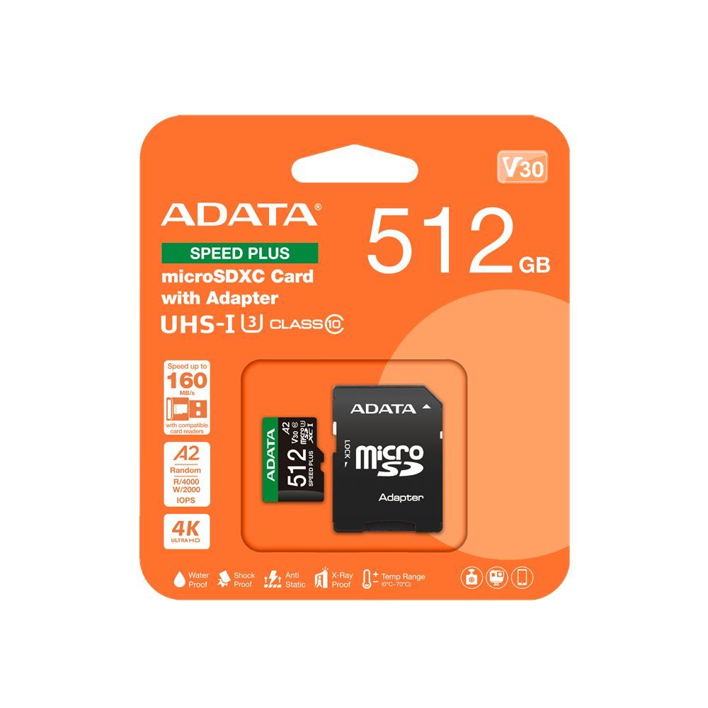 A-Data 512GB microSDXC Speed Plus Class 10 UHS-I U3 V30 + adapterrel A-Data 512GB microSDXC Speed Plus Class 10 UHS-I U3 V30 + adapterrel