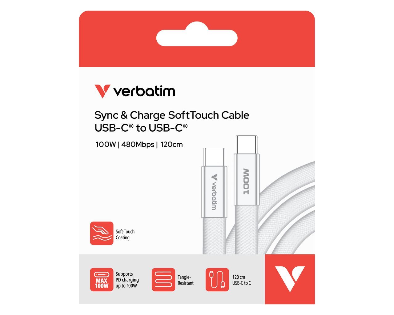 Verbatim Sync & Charge SoftTouch USB-C to USB-C 100W cable 1,2m White