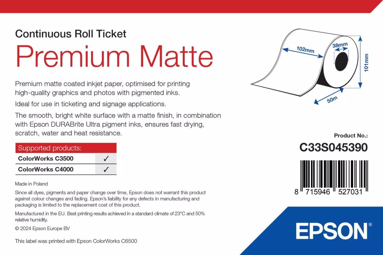 Epson C33S045390 Premium Matt címkeszalag 102mm x 50m White